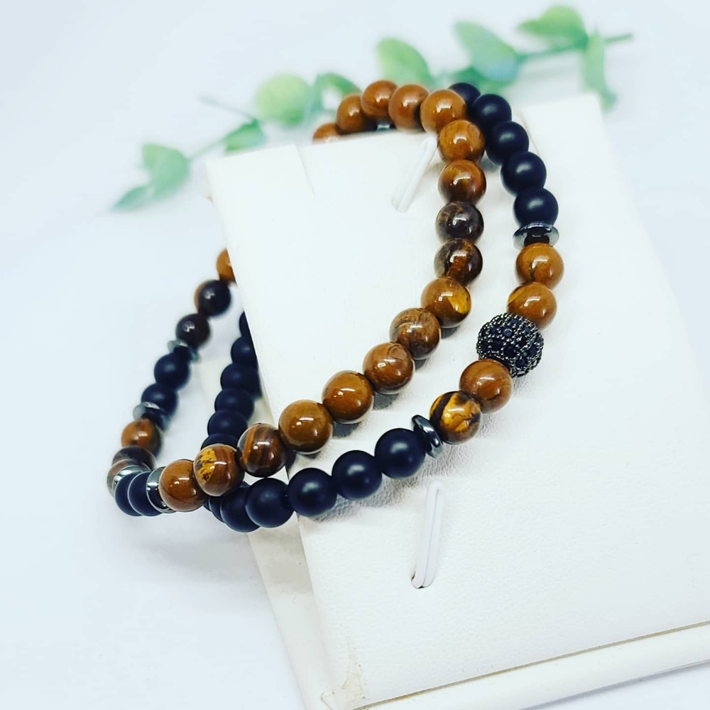 Set of 2 bracelets Tiger Eye , Matte Black Agate, Zirconia bead